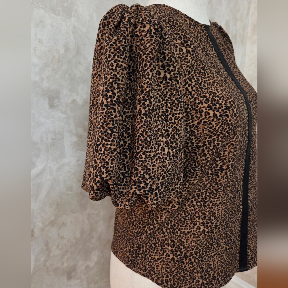 THML Leopard Print Puff Sleeve Blouse Faux Leather Trim XS - Picture 3 of 12